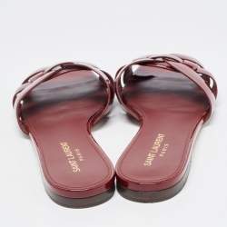 Pre Owned Saint Laurent Burgundy Patent Leather Tribute Flat Slides Size 37.5