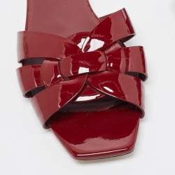 Pre Owned Saint Laurent Burgundy Patent Leather Tribute Flat Slides Size 37.5