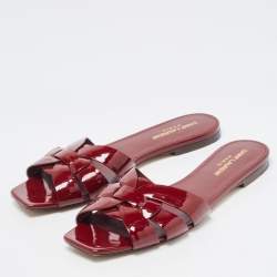 Pre Owned Saint Laurent Burgundy Patent Leather Tribute Flat Slides Size 37.5
