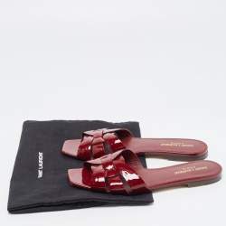Pre Owned Saint Laurent Burgundy Patent Leather Tribute Flat Slides Size 37.5