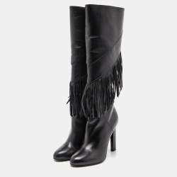 Pre Owned Saint Laurent Black Leather Fringe Grace Knee Length Boots Size 38.5
