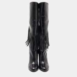 Pre Owned Saint Laurent Black Leather Fringe Grace Knee Length Boots Size 38.5