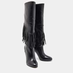 Pre Owned Saint Laurent Black Leather Fringe Grace Knee Length Boots Size 38.5