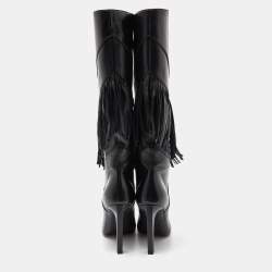 Pre Owned Saint Laurent Black Leather Fringe Grace Knee Length Boots Size 38.5