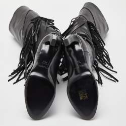 Pre Owned Saint Laurent Black Leather Fringe Grace Knee Length Boots Size 38.5