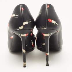 Pre Owned Saint Laurent Black Lipstick Print Leather Pointed Toe Pumps Size 37.5