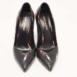 Pre Owned Saint Laurent Black Lipstick Print Leather Pointed Toe Pumps Size 37.5