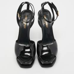 Pre Owned Saint Laurent Black Patent Leather Platform Ankle Strap Sandals Size 37.5