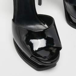 Pre Owned Saint Laurent Black Patent Leather Platform Ankle Strap Sandals Size 37.5