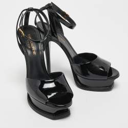 Pre Owned Saint Laurent Black Patent Leather Platform Ankle Strap Sandals Size 37.5