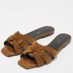 Saint Laurent Brown Suede Tribute Flat Slides Size 38