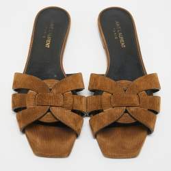Saint Laurent Brown Suede Tribute Flat Slides Size 38