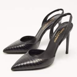 Pre Owned Saint Laurent Black Lizard Embossed Leather Slingback Pumps Size 36