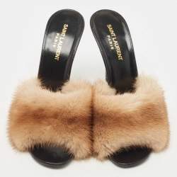 Pre Owned Saint Laurent Beige Mink Fur Roy Slides Size 38.5