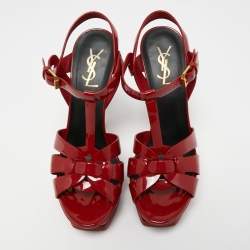 Pre Owned Saint Laurent Dark Red Patent Leather Tribute Sandals Size 38