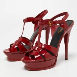 Pre Owned Saint Laurent Dark Red Patent Leather Tribute Sandals Size 38