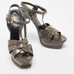 Pre Owned Saint Laurent Grey Patent Leather Tribute Sandals Size 39