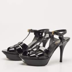 Pre Owned Saint Laurent Black Patent Leather Tribute Sandals Size 36.5