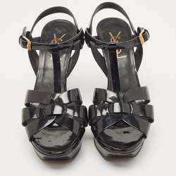 Pre Owned Saint Laurent Black Patent Leather Tribute Sandals Size 36.5