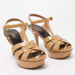 مملوكة مسبقًا Saint Laurent Beige Patent Leather Tribute Sandals Size 37.5
