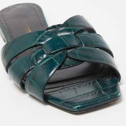 Saint Laurent Green Croc Embossed Leather Tribute Flat Slides Size 35