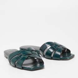 Saint Laurent Green Croc Embossed Leather Tribute Flat Slides Size 35