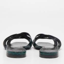 Saint Laurent Green Croc Embossed Leather Tribute Flat Slides Size 35