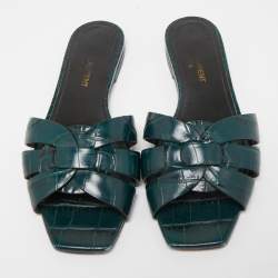 Saint Laurent Green Croc Embossed Leather Tribute Flat Slides Size 35