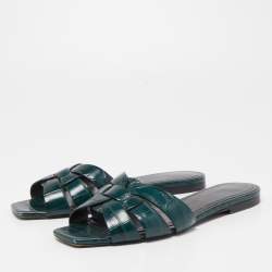 Saint Laurent Green Croc Embossed Leather Tribute Flat Slides Size 35