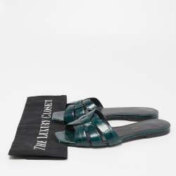 Saint Laurent Green Croc Embossed Leather Tribute Flat Slides Size 35