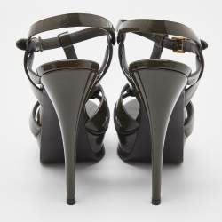 Saint Laurent Grey Patent Leather Tribute Ankle Strap Sandals Size 37