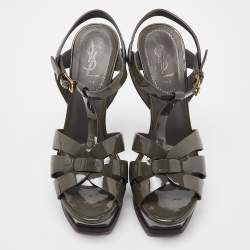 Saint Laurent Grey Patent Leather Tribute Ankle Strap Sandals Size 37