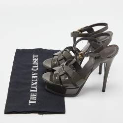 Saint Laurent Grey Patent Leather Tribute Ankle Strap Sandals Size 37