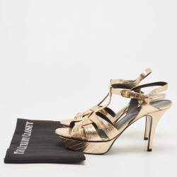 Pre Owned Saint Laurent Gold Lizard Embossed Leather Tribute Sandals Size 38.5