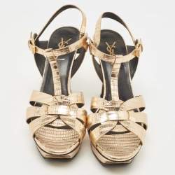 Pre Owned Saint Laurent Gold Lizard Embossed Leather Tribute Sandals Size 38.5