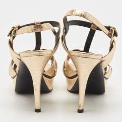 Pre Owned Saint Laurent Gold Lizard Embossed Leather Tribute Sandals Size 38.5