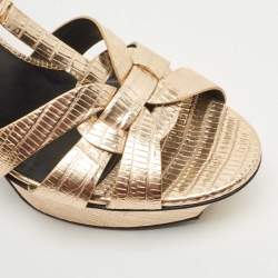 Pre Owned Saint Laurent Gold Lizard Embossed Leather Tribute Sandals Size 38.5