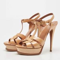Saint Laurent Brown  Patent Tribute Ankle  Strap Sandals Size 38.5