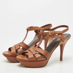 Pre Owned Saint Laurent Brown Leather Tribute Sandals Size 37