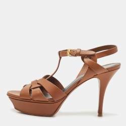 Pre Owned Saint Laurent Brown Leather Tribute Sandals Size 37