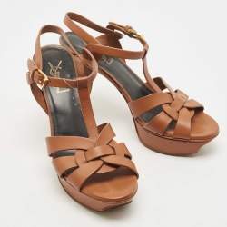 Pre Owned Saint Laurent Brown Leather Tribute Sandals Size 37