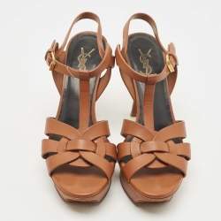 Pre Owned Saint Laurent Brown Leather Tribute Sandals Size 37