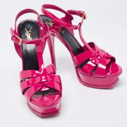 Saint Laurent Paris Pink Patent Leather Tribute Platform Sandals Size 39