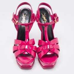 Saint Laurent Paris Pink Patent Leather Tribute Platform Sandals Size 39