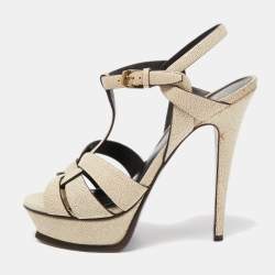 Pre Owned Saint Laurent Cream Textured Leather Tribute Platform Ankle Strap Sandals Size 39