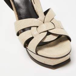 Pre Owned Saint Laurent Cream Textured Leather Tribute Platform Ankle Strap Sandals Size 39