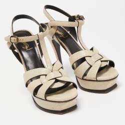 Pre Owned Saint Laurent Cream Textured Leather Tribute Platform Ankle Strap Sandals Size 39