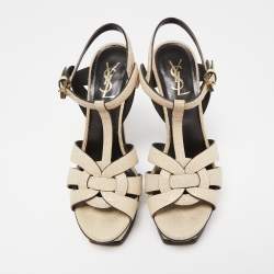 Pre Owned Saint Laurent Cream Textured Leather Tribute Platform Ankle Strap Sandals Size 39