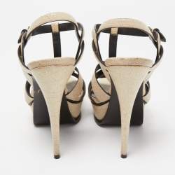 Pre Owned Saint Laurent Cream Textured Leather Tribute Platform Ankle Strap Sandals Size 39