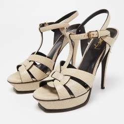 Pre Owned Saint Laurent Cream Textured Leather Tribute Platform Ankle Strap Sandals Size 39